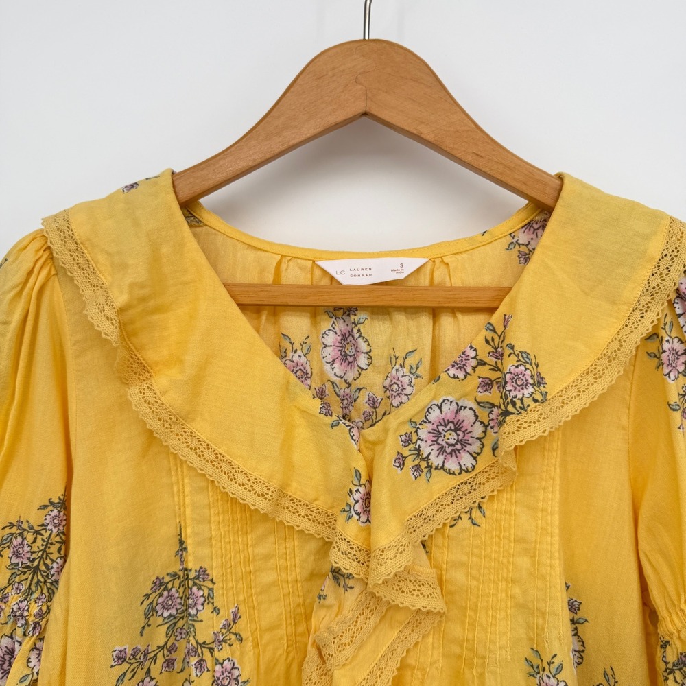 LC Lauren Conrad Blouse Yellow Floral Ruffle Lace Boho Cottagecore Small - Picture 2 of 8